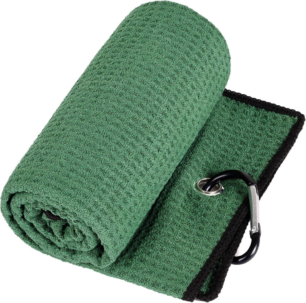 Microfiber Waffle Pattern Golf Towel | Club Groove Cleaner Brush | Foldable Divot Tool with Magnetic Ball Marker (Green Towel/Brush/Bone Divot)