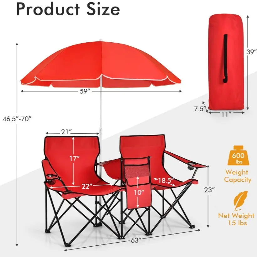 COSTWAY Double Portable Picnic Chairs, Folding Camping Chairs W/Detachable Umbrella, Cooler Bag, Cup Holders, Patio Beach Camping Chairs for Outdoors Football Baseball Season,4Th of July Decor, Dad Gift