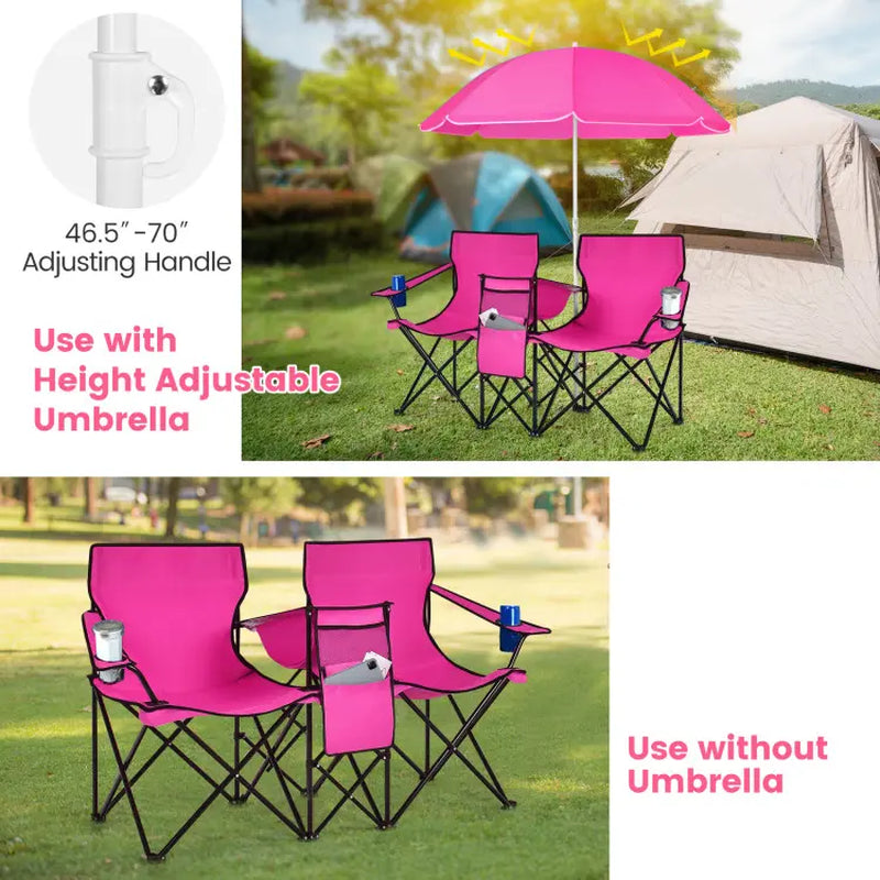 COSTWAY Double Portable Picnic Chairs, Folding Camping Chairs W/Detachable Umbrella, Cooler Bag, Cup Holders, Patio Beach Camping Chairs for Outdoors Football Baseball Season,4Th of July Decor, Dad Gift