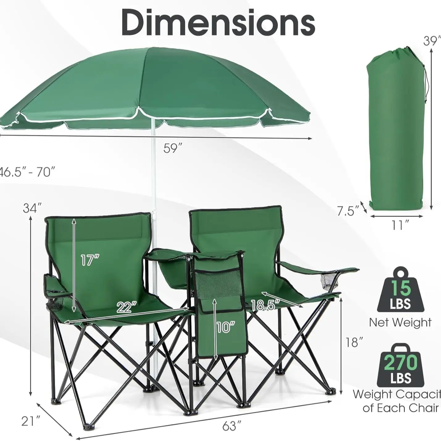 COSTWAY Double Portable Picnic Chairs, Folding Camping Chairs W/Detachable Umbrella, Cooler Bag, Cup Holders, Patio Beach Camping Chairs for Outdoors Football Baseball Season,4Th of July Decor, Dad Gift