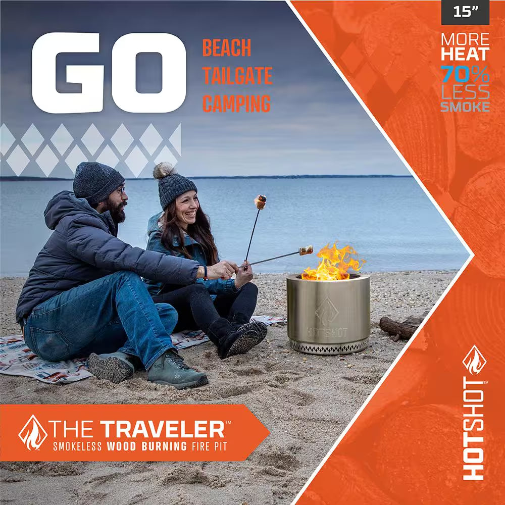 Traveler Portable Low Smoke 15 In. round Wood-Burning Fire Pit in Stainless Steel with Carry Bag