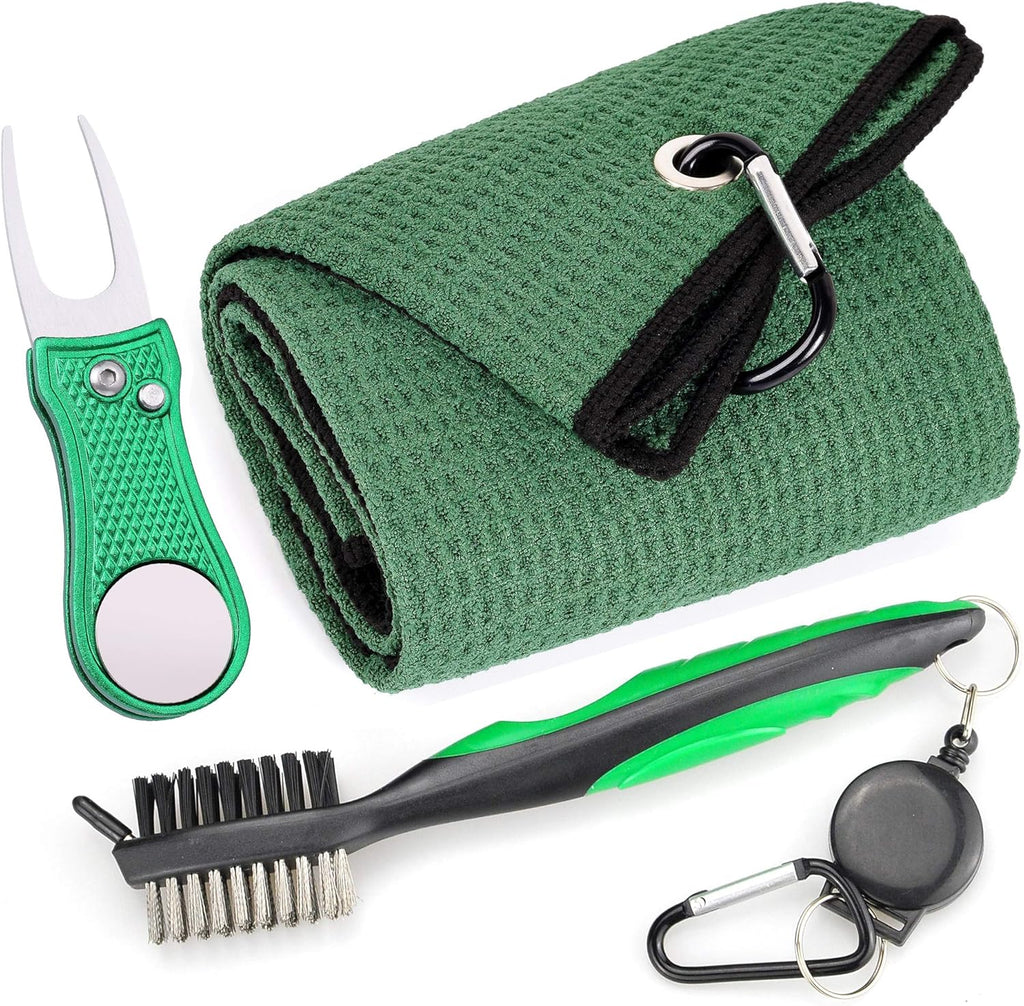 Microfiber Waffle Pattern Golf Towel | Club Groove Cleaner Brush | Foldable Divot Tool with Magnetic Ball Marker (Green Towel/Brush/Bone Divot)