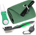 Microfiber Waffle Pattern Golf Towel | Club Groove Cleaner Brush | Foldable Divot Tool with Magnetic Ball Marker (Green Towel/Brush/Bone Divot)