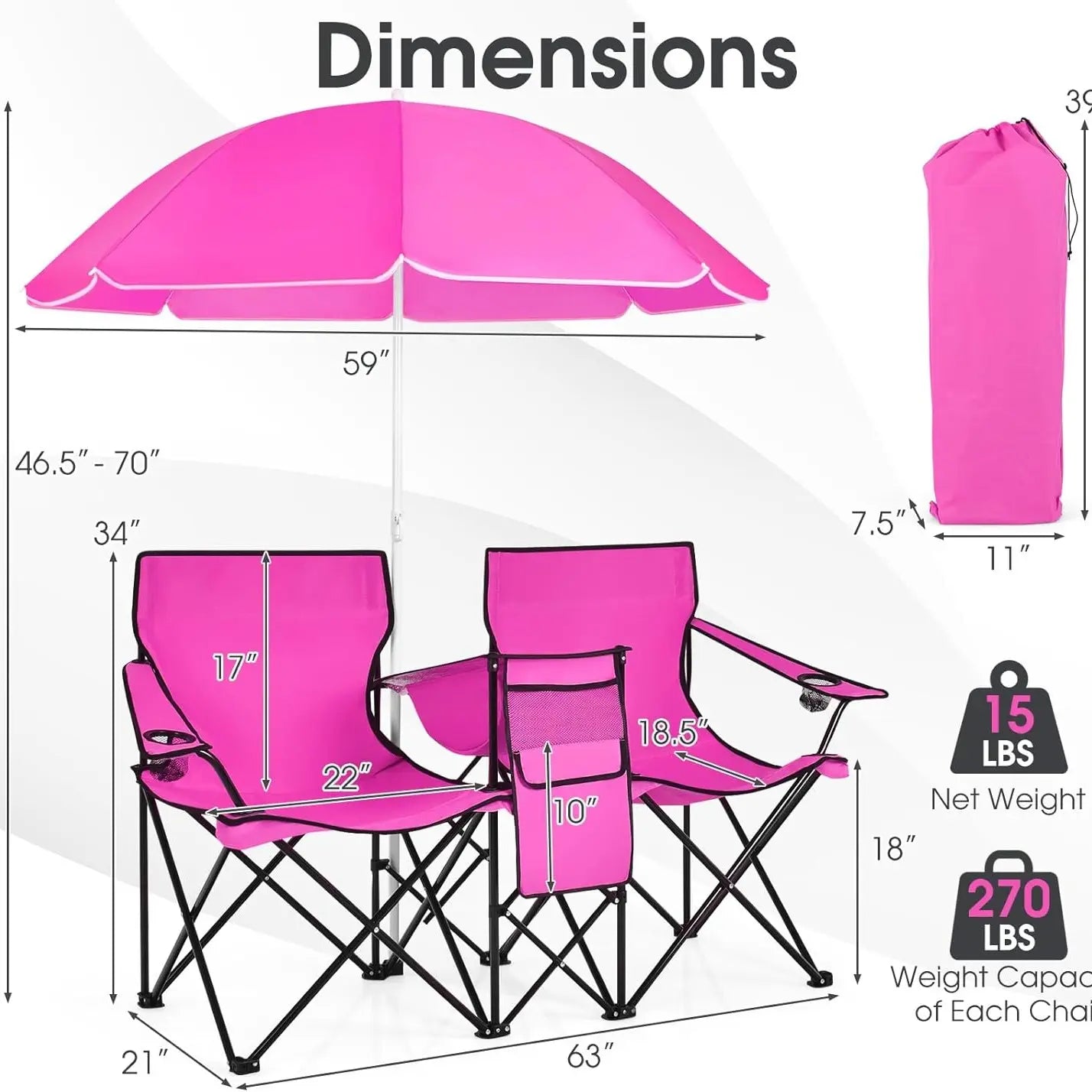COSTWAY Double Portable Picnic Chairs, Folding Camping Chairs W/Detachable Umbrella, Cooler Bag, Cup Holders, Patio Beach Camping Chairs for Outdoors Football Baseball Season,4Th of July Decor, Dad Gift