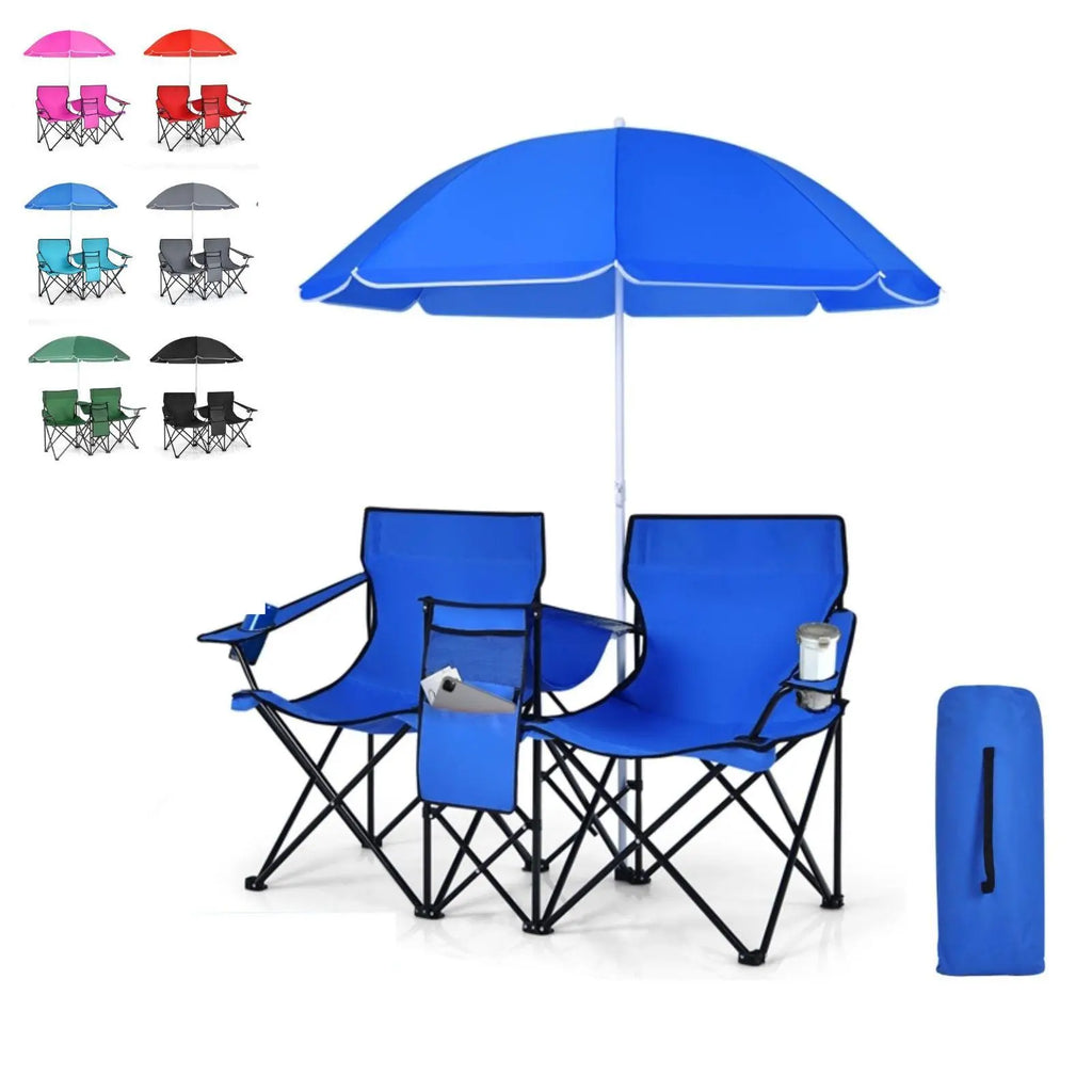 COSTWAY Double Portable Picnic Chairs, Folding Camping Chairs W/Detachable Umbrella, Cooler Bag, Cup Holders, Patio Beach Camping Chairs for Outdoors Football Baseball Season,4Th of July Decor, Dad Gift