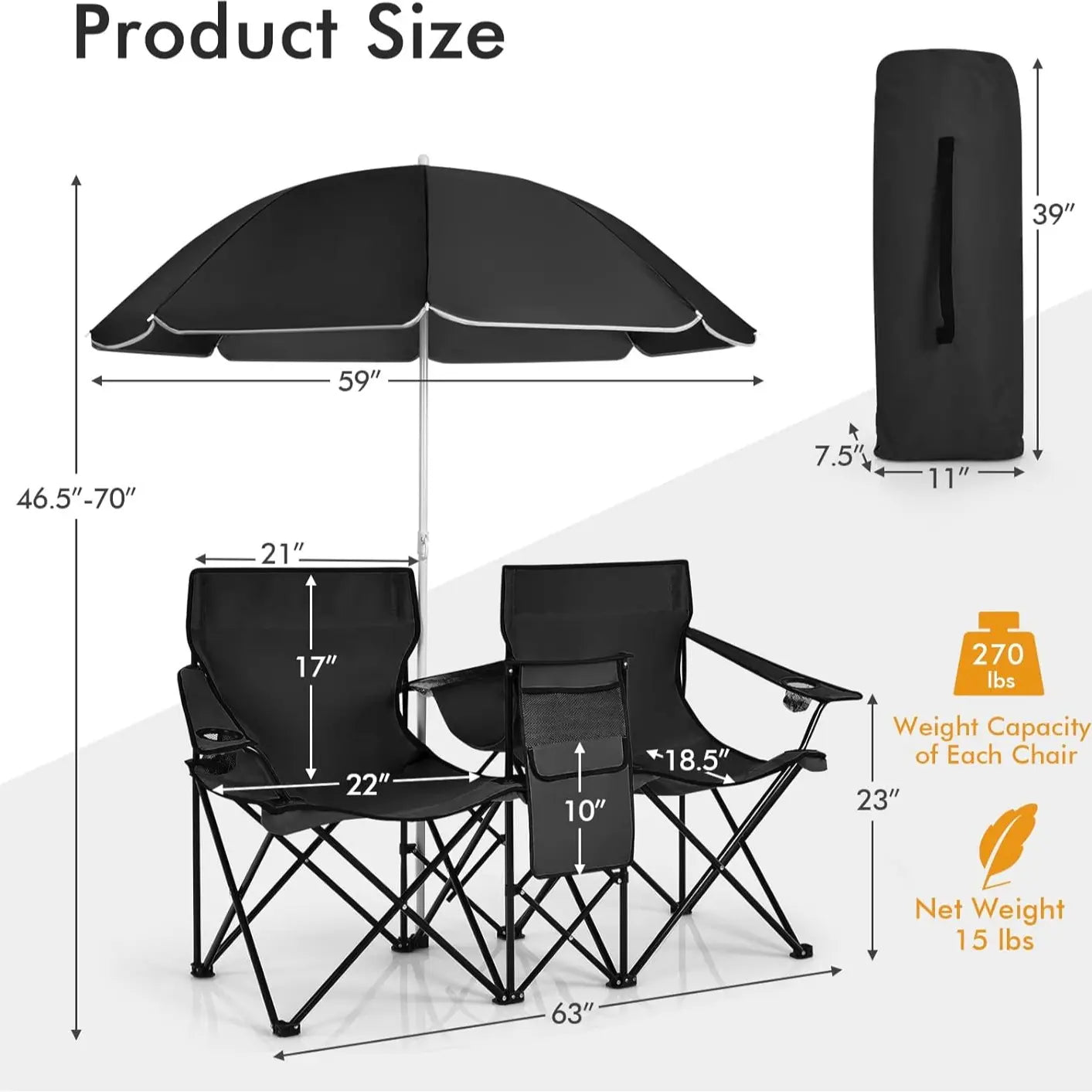 COSTWAY Double Portable Picnic Chairs, Folding Camping Chairs W/Detachable Umbrella, Cooler Bag, Cup Holders, Patio Beach Camping Chairs for Outdoors Football Baseball Season,4Th of July Decor, Dad Gift