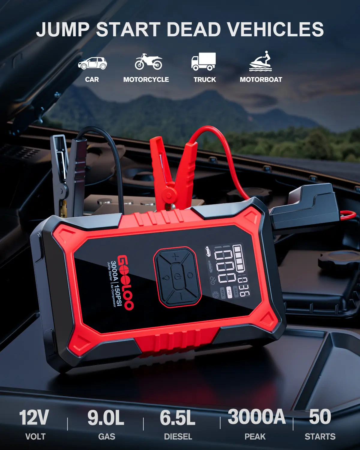GOOLOO A3 Portable Car Jump Starter with Air Compressor, 3000A Car Battery Jump Starter (9.0 Gas/6.5L Diesel) with 150PSI Digital Tire Inflator Repair Tool Kit Vehicle. Fathersdaygift,Car Accessories