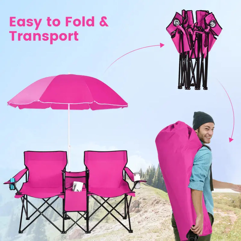 COSTWAY Double Portable Picnic Chairs, Folding Camping Chairs W/Detachable Umbrella, Cooler Bag, Cup Holders, Patio Beach Camping Chairs for Outdoors Football Baseball Season,4Th of July Decor, Dad Gift