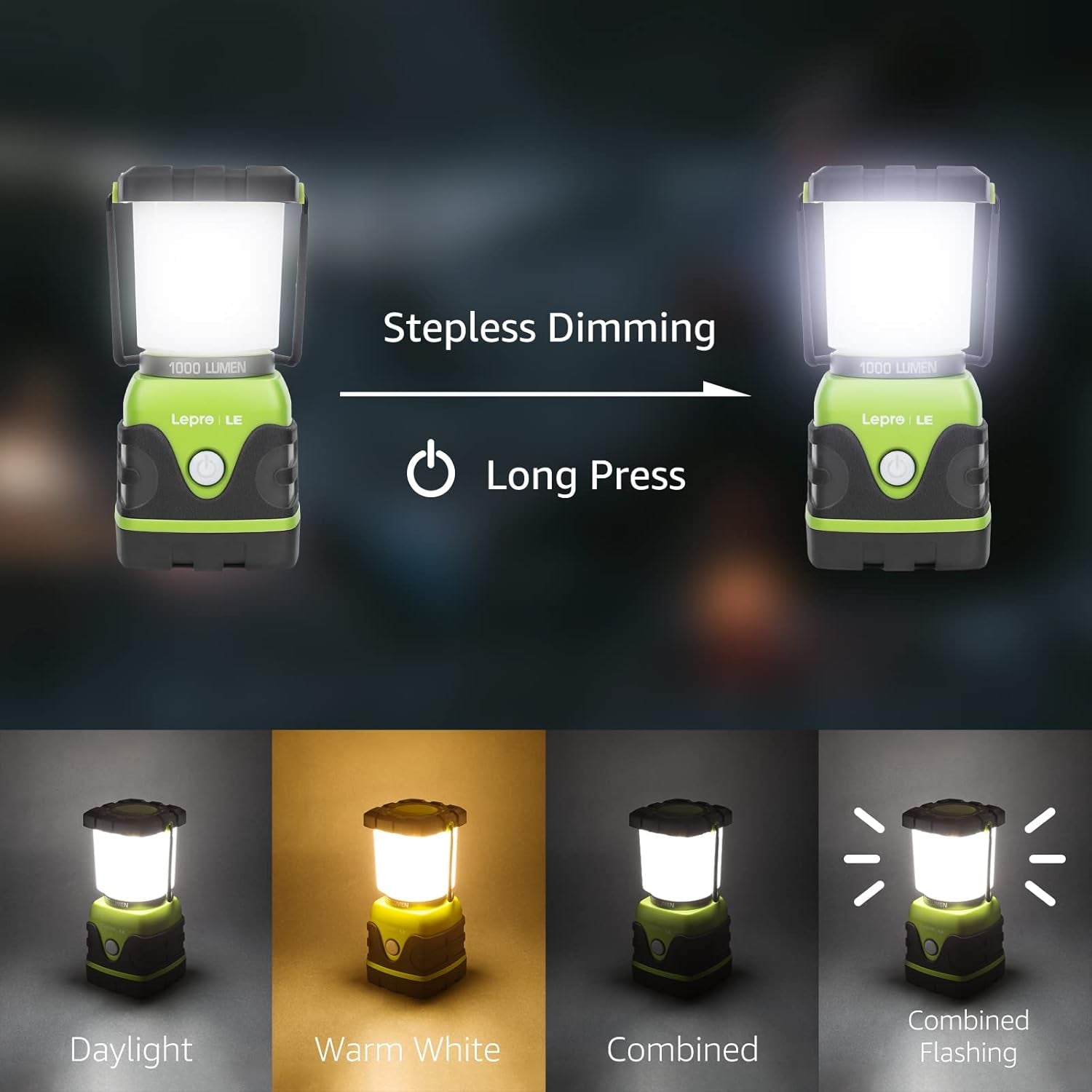 Lepro 1000LM Battery Powered LED Camping Lantern, Green Tent Light with 4 Light Modes, Camping Essentials, Waterproof Lantern Flashlight for Camping, Emergency Light, Power Outages, Not Rechargeable