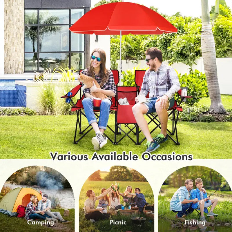 COSTWAY Double Portable Picnic Chairs, Folding Camping Chairs W/Detachable Umbrella, Cooler Bag, Cup Holders, Patio Beach Camping Chairs for Outdoors Football Baseball Season,4Th of July Decor, Dad Gift