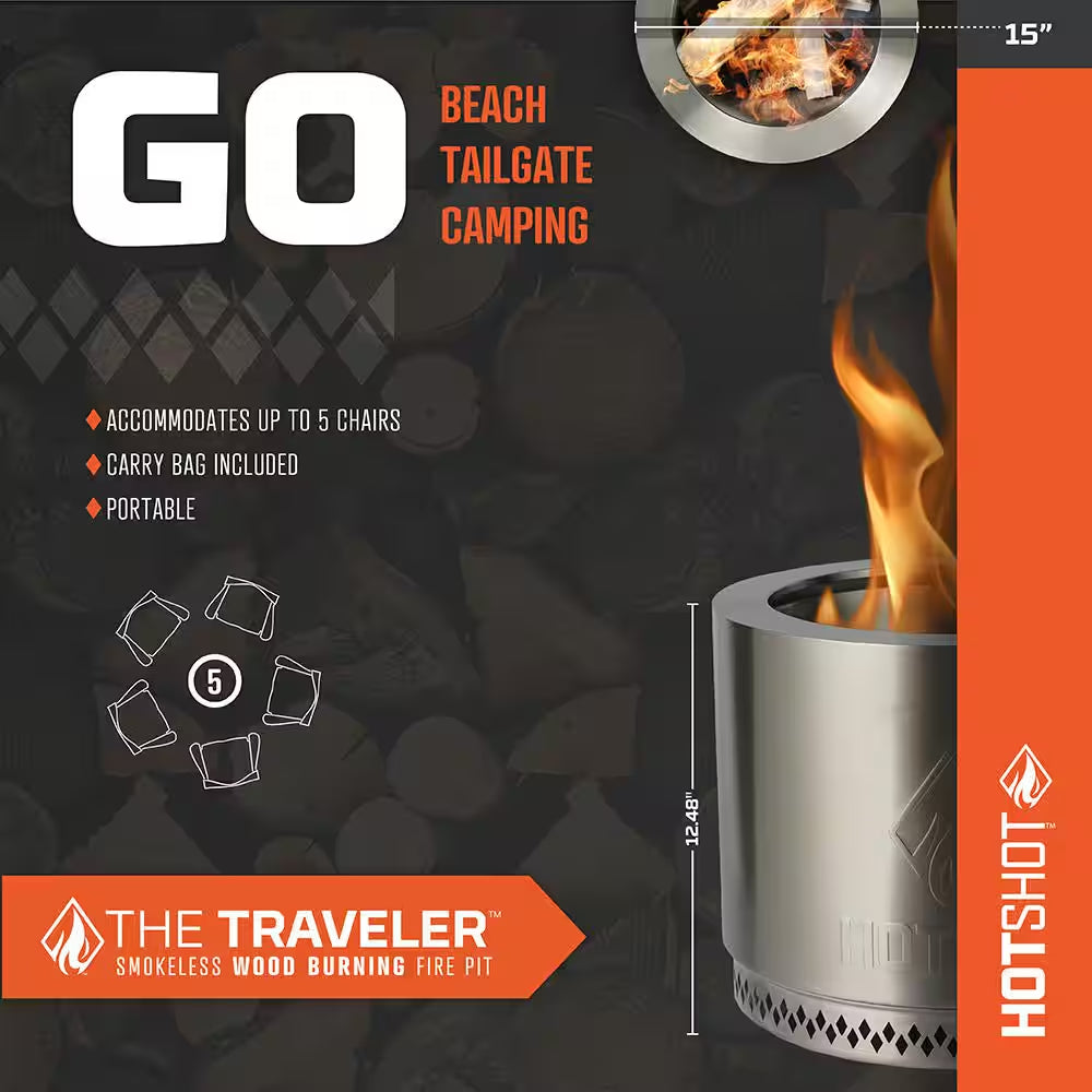 Traveler Portable Low Smoke 15 In. round Wood-Burning Fire Pit in Stainless Steel with Carry Bag