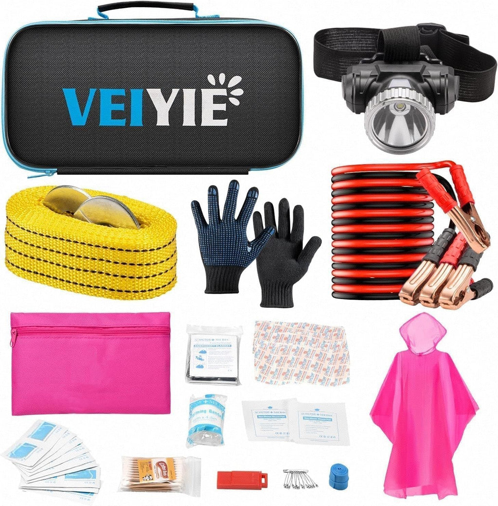 Car Roadside Emergency Kit with Jumper Cables, Car First Aid Kit Emergency Kit for Vehicles, Car Safety Roadside Assistance Kit Headlamp, Tow Straps, Gloves, Essential Car Accessories for Men, Women