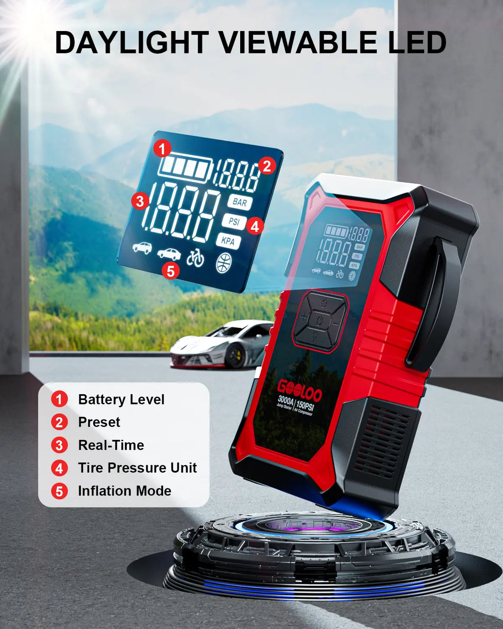GOOLOO A3 Portable Car Jump Starter with Air Compressor, 3000A Car Battery Jump Starter (9.0 Gas/6.5L Diesel) with 150PSI Digital Tire Inflator Repair Tool Kit Vehicle. Fathersdaygift,Car Accessories