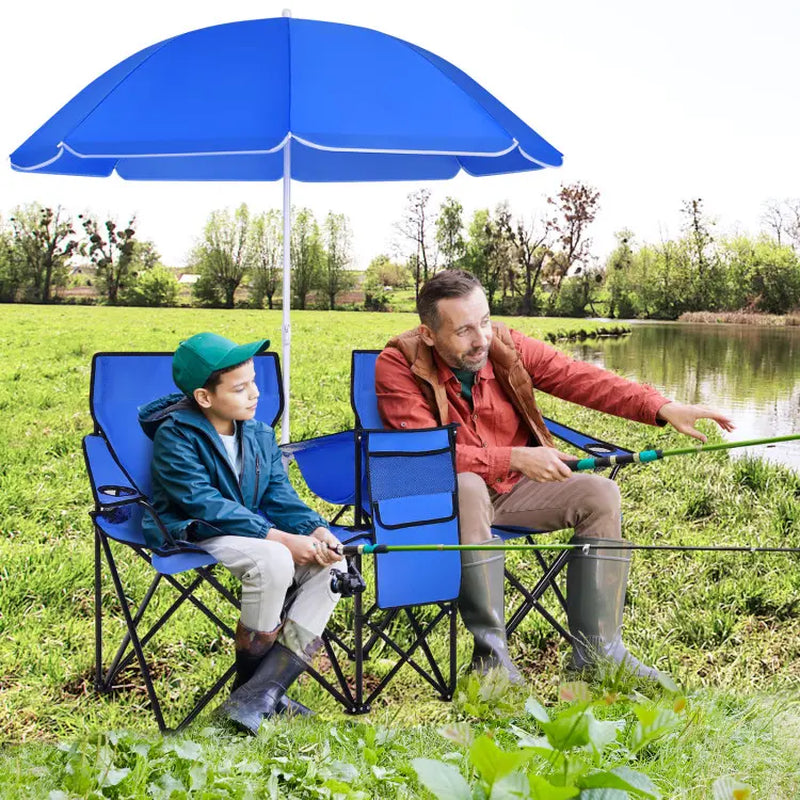 COSTWAY Double Portable Picnic Chairs, Folding Camping Chairs W/Detachable Umbrella, Cooler Bag, Cup Holders, Patio Beach Camping Chairs for Outdoors Football Baseball Season,4Th of July Decor, Dad Gift