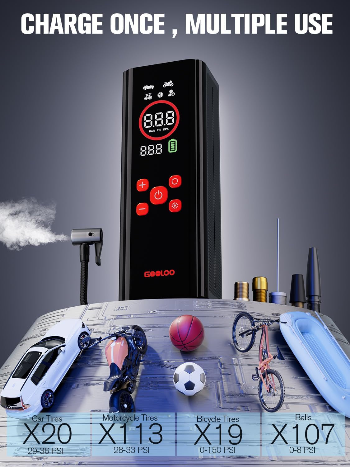 AP150 PRO Tire Inflator Portable Air Compressor,Color LED Screen | 150PSI Air Pump with Digital Pressure Gauge, LED Light and Auto Shut-Off Function for Car, Motorcycle, Bicycle, Ball