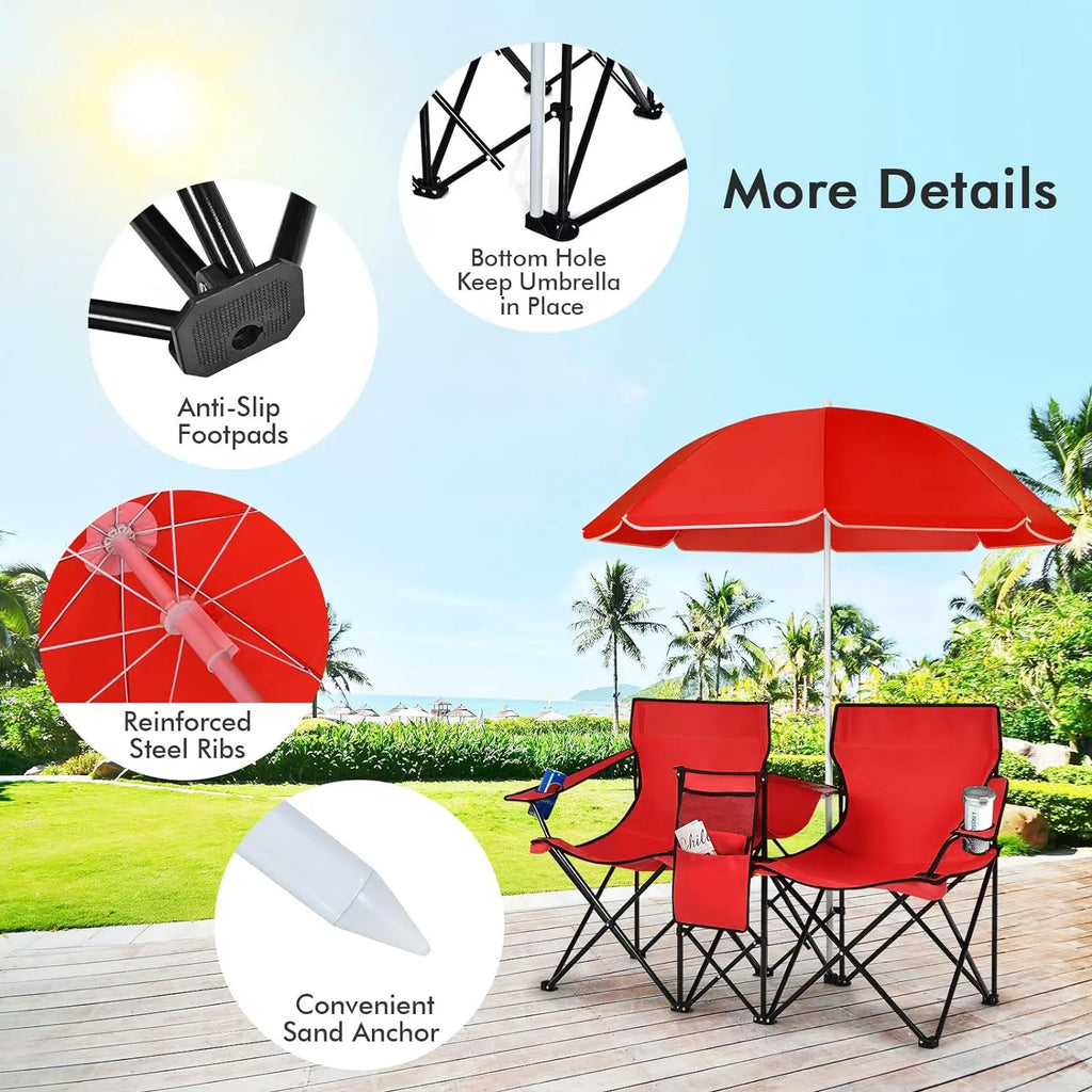 COSTWAY Double Portable Picnic Chairs, Folding Camping Chairs W/Detachable Umbrella, Cooler Bag, Cup Holders, Patio Beach Camping Chairs for Outdoors Football Baseball Season,4Th of July Decor, Dad Gift