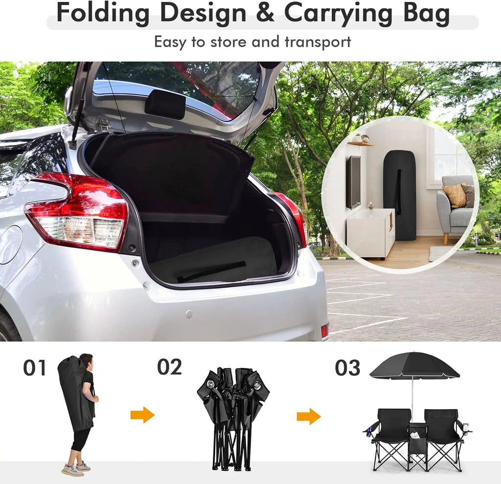 COSTWAY Double Portable Picnic Chairs, Folding Camping Chairs W/Detachable Umbrella, Cooler Bag, Cup Holders, Patio Beach Camping Chairs for Outdoors Football Baseball Season,4Th of July Decor, Dad Gift