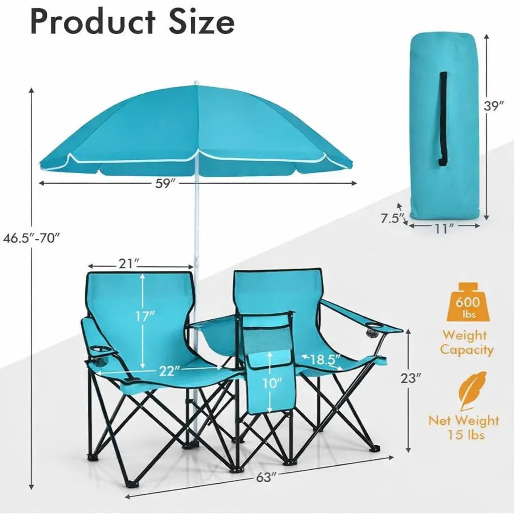 COSTWAY Double Portable Picnic Chairs, Folding Camping Chairs W/Detachable Umbrella, Cooler Bag, Cup Holders, Patio Beach Camping Chairs for Outdoors Football Baseball Season,4Th of July Decor, Dad Gift