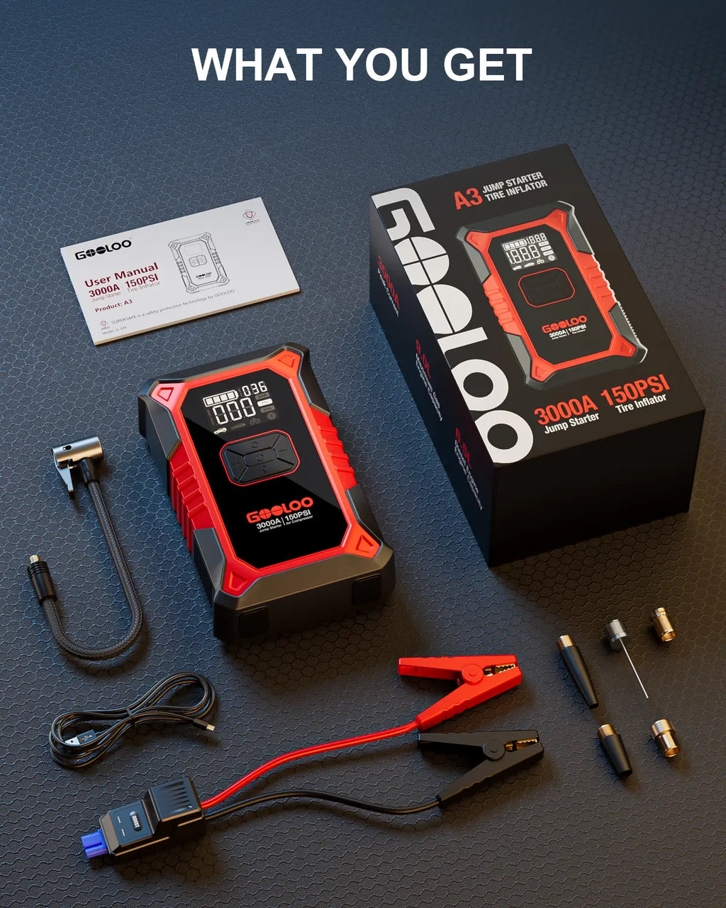 GOOLOO A3 Portable Car Jump Starter with Air Compressor, 3000A Car Battery Jump Starter (9.0 Gas/6.5L Diesel) with 150PSI Digital Tire Inflator Repair Tool Kit Vehicle. Fathersdaygift,Car Accessories