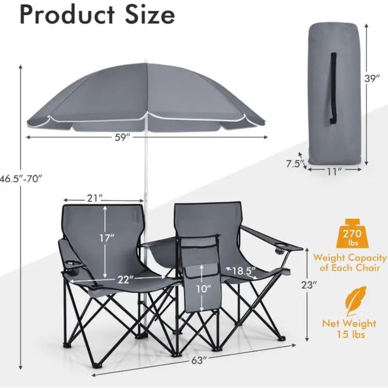 COSTWAY Double Portable Picnic Chairs, Folding Camping Chairs W/Detachable Umbrella, Cooler Bag, Cup Holders, Patio Beach Camping Chairs for Outdoors Football Baseball Season,4Th of July Decor, Dad Gift