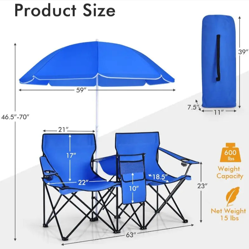 COSTWAY Double Portable Picnic Chairs, Folding Camping Chairs W/Detachable Umbrella, Cooler Bag, Cup Holders, Patio Beach Camping Chairs for Outdoors Football Baseball Season,4Th of July Decor, Dad Gift