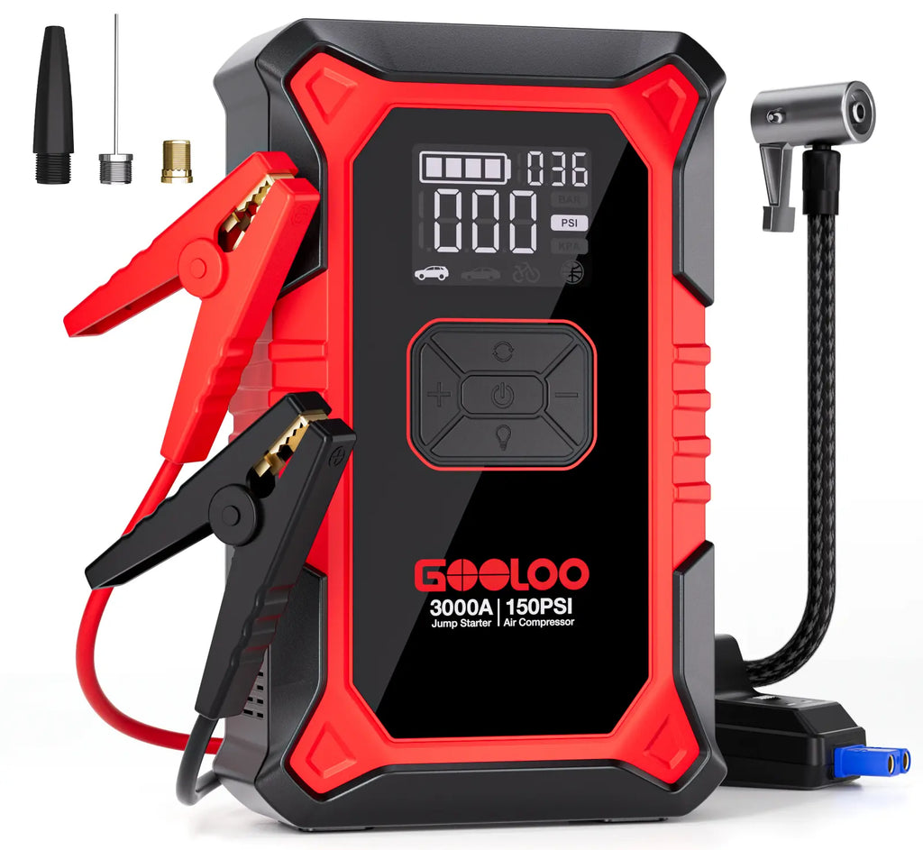 GOOLOO A3 Portable Car Jump Starter with Air Compressor, 3000A Car Battery Jump Starter (9.0 Gas/6.5L Diesel) with 150PSI Digital Tire Inflator Repair Tool Kit Vehicle. Fathersdaygift,Car Accessories