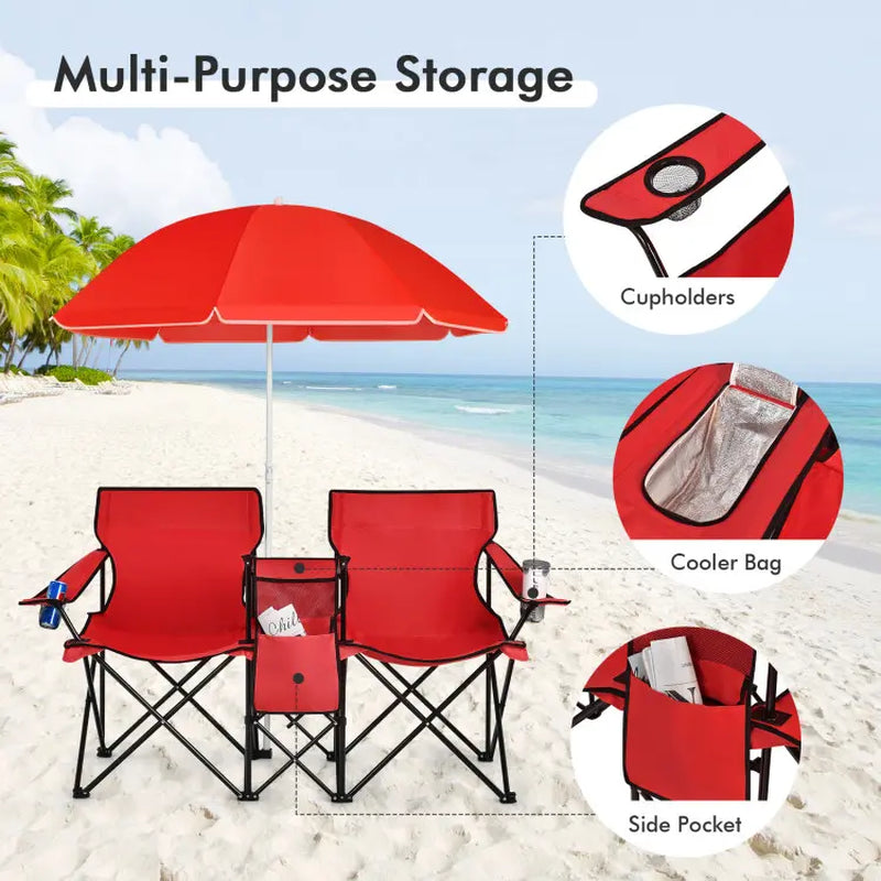 COSTWAY Double Portable Picnic Chairs, Folding Camping Chairs W/Detachable Umbrella, Cooler Bag, Cup Holders, Patio Beach Camping Chairs for Outdoors Football Baseball Season,4Th of July Decor, Dad Gift